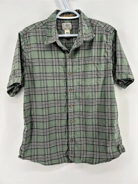 L.L.Bean Men's Medium Hemp Short-Sleeve Green Plaid Button Down Shirt